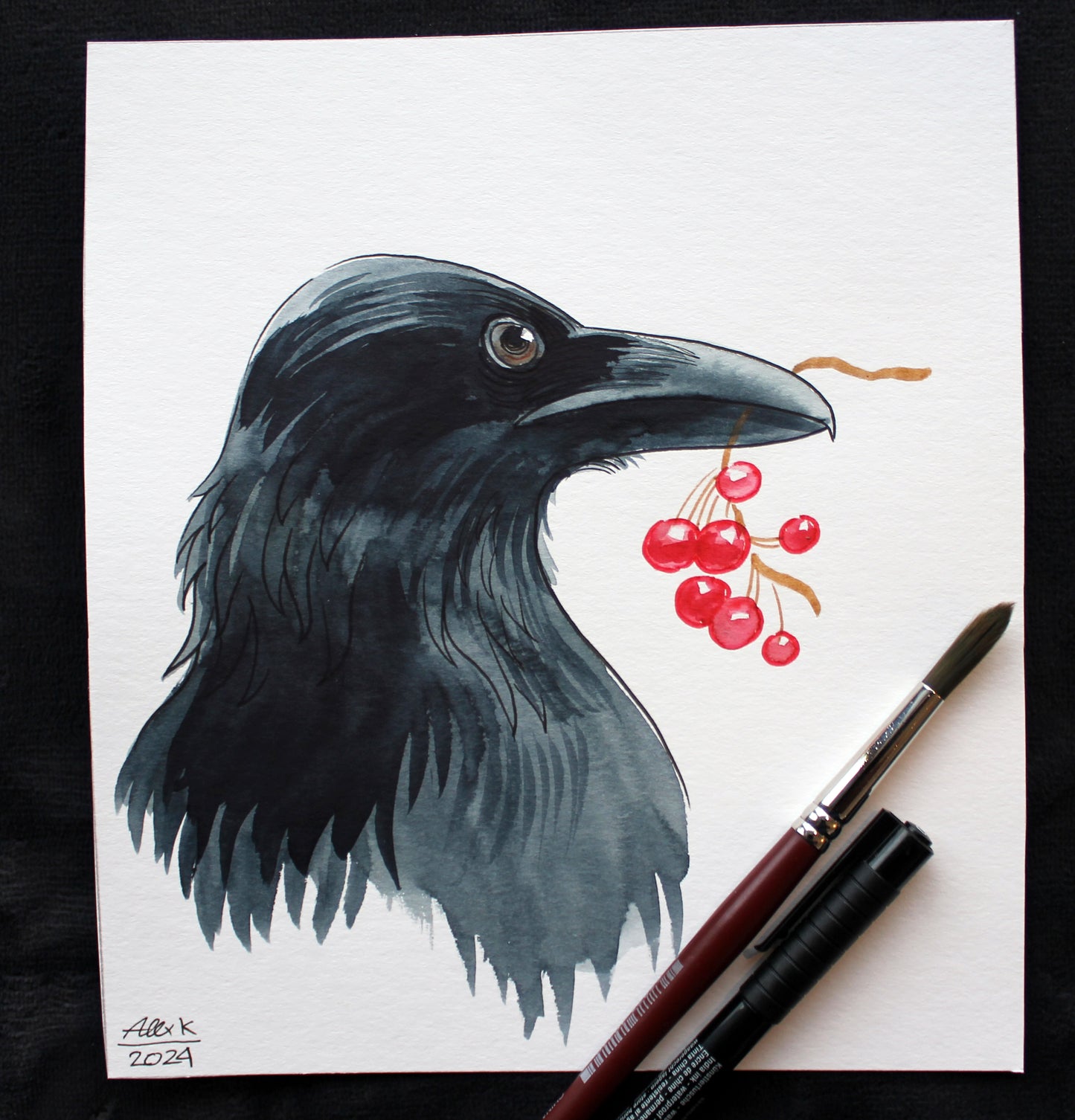 Watercolor crow bird. Original art