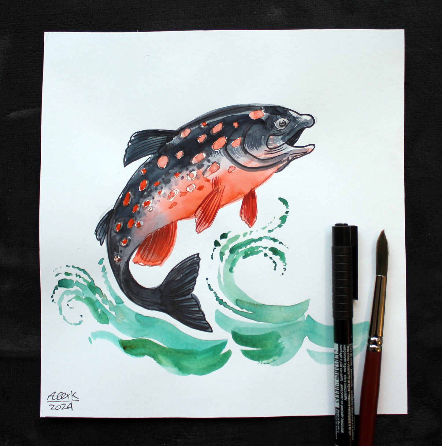 Watercolor salmon. Original art