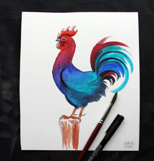 Watercolor rooster. Original art