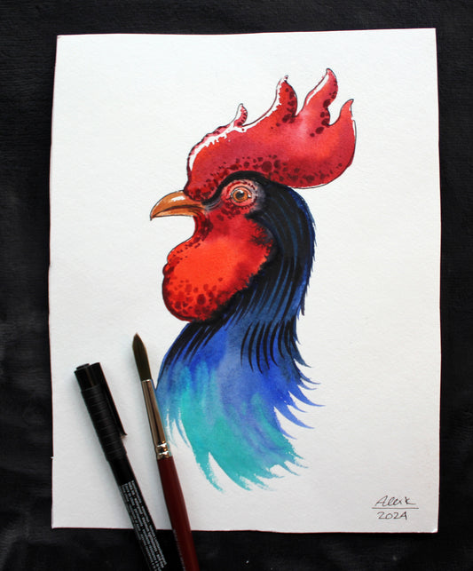 Watercolor rooster. Original art