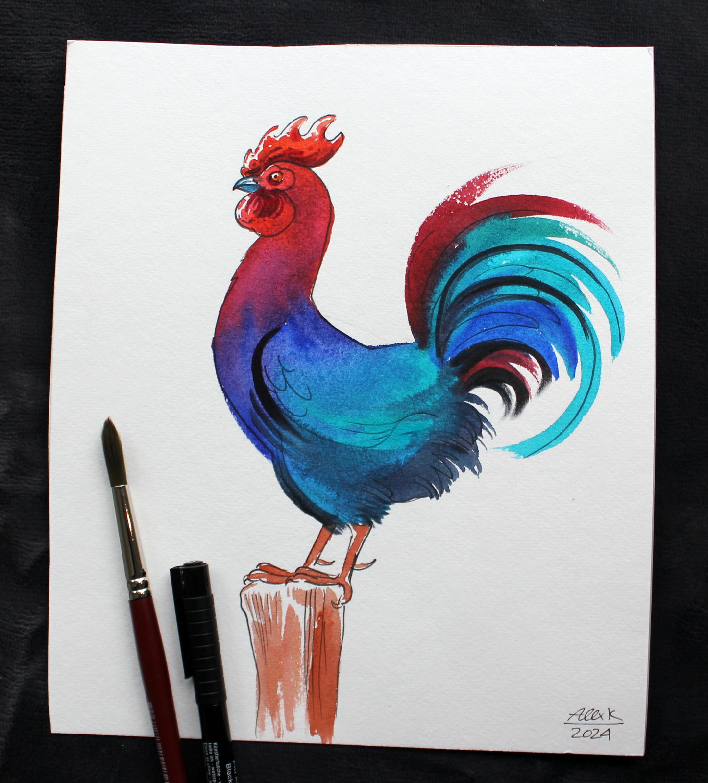 Watercolor rooster. Original art