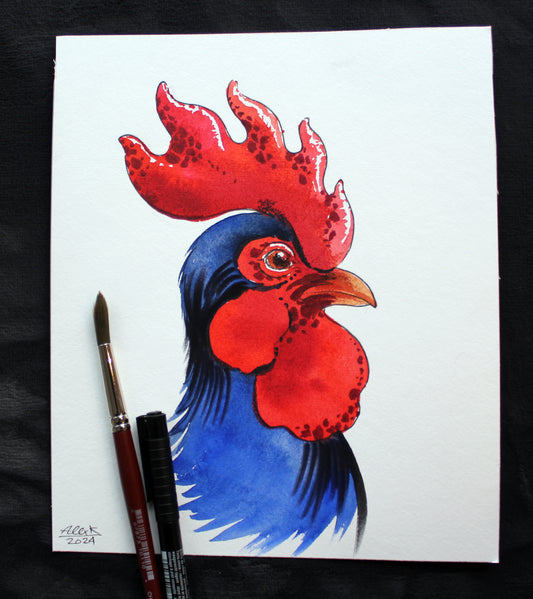 Watercolor rooster. Original art