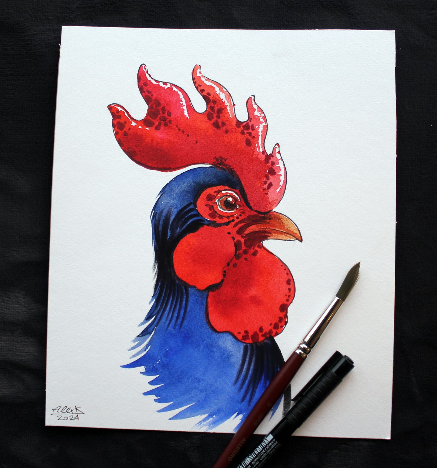 Watercolor rooster. Original art