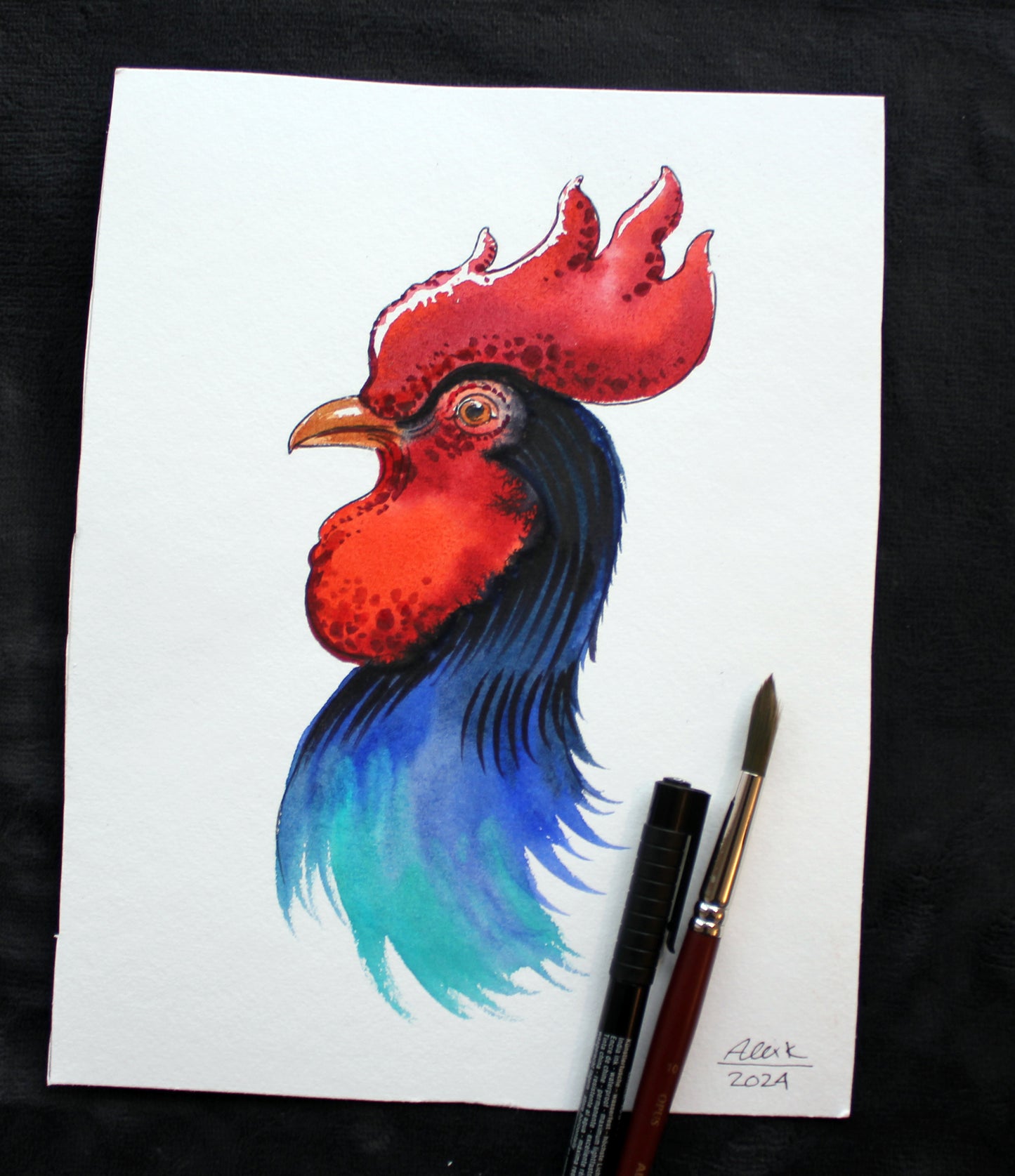 Watercolor rooster. Original art