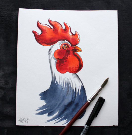 Watercolor rooster. Original art