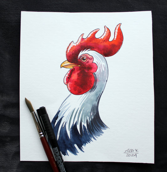 Watercolor rooster. Original art