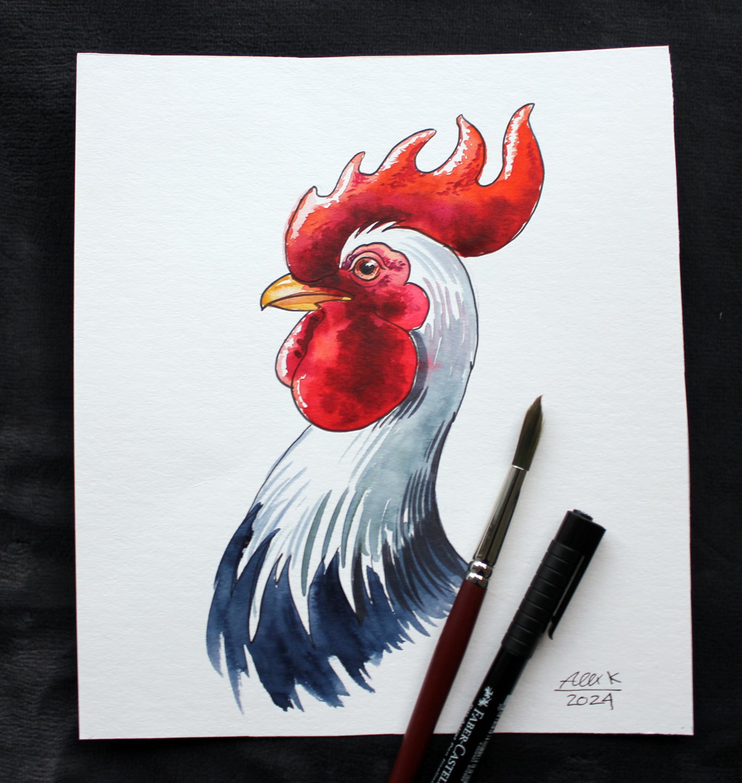 Watercolor rooster. Original art