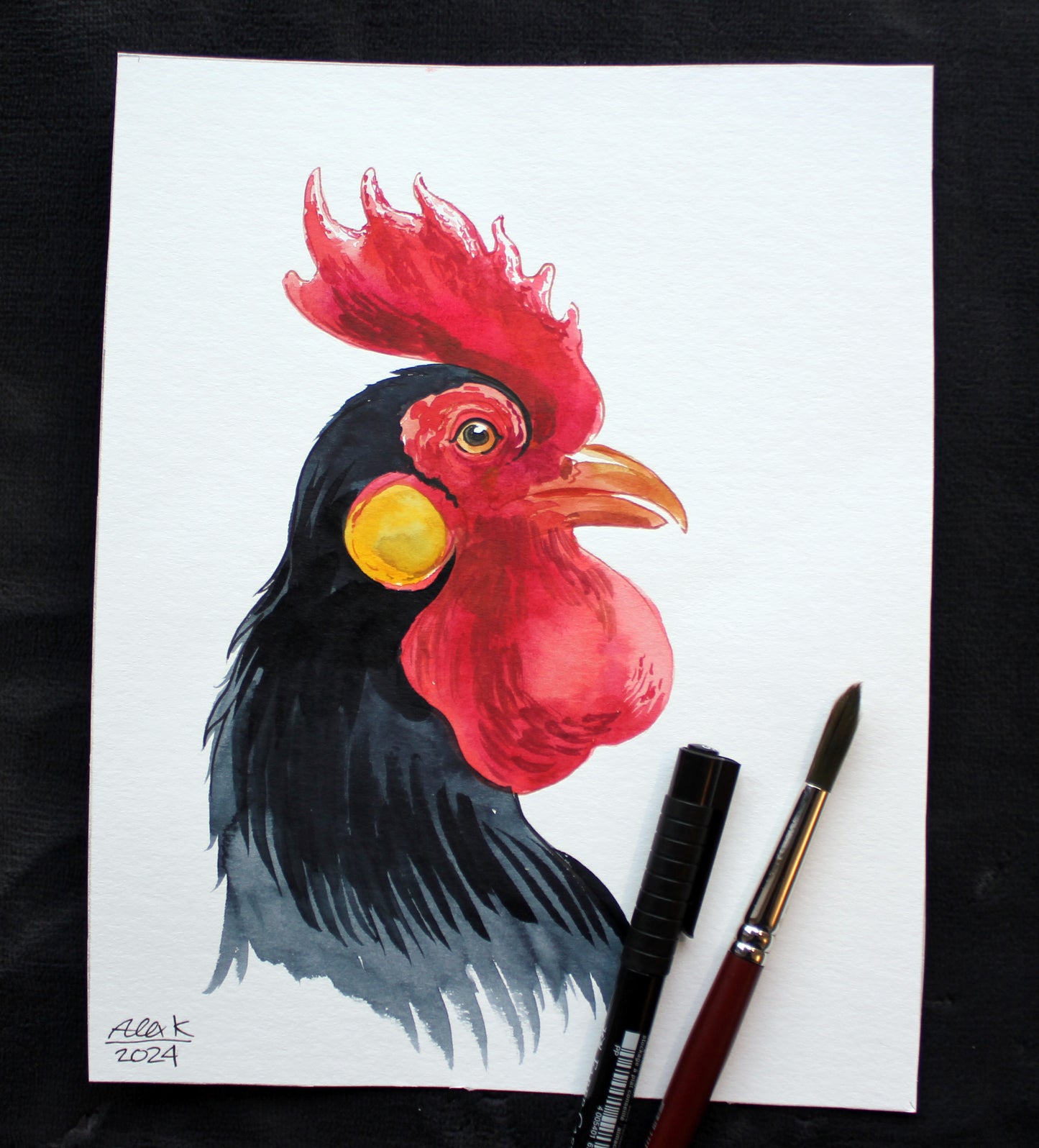 Watercolor rooster. Original art