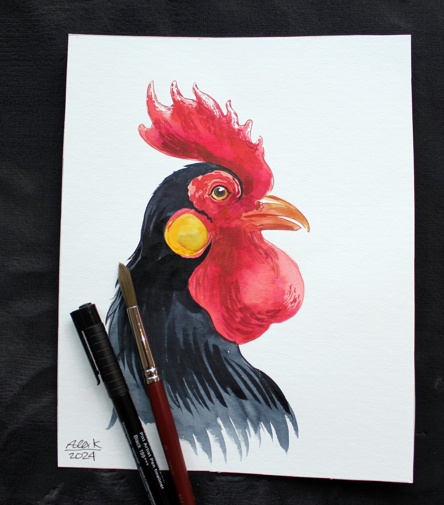 Watercolor rooster. Original art