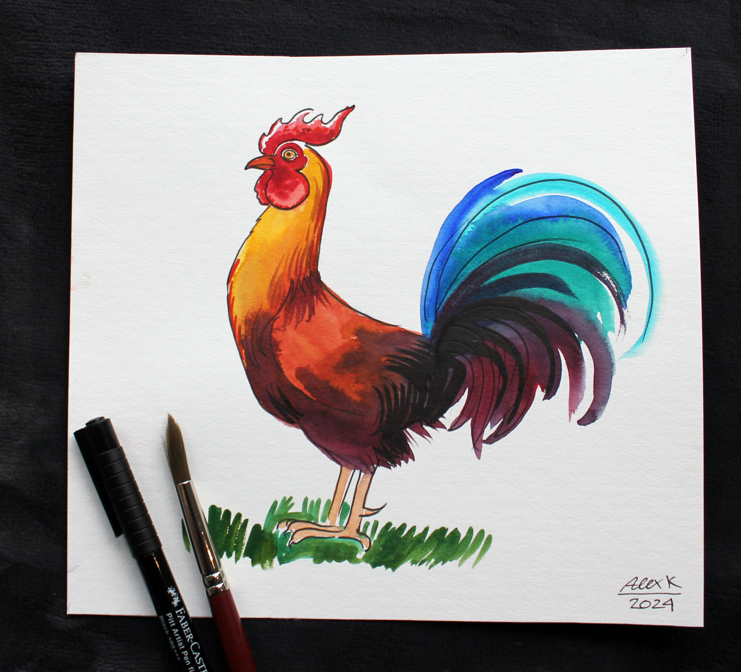 Watercolor rooster. Original art