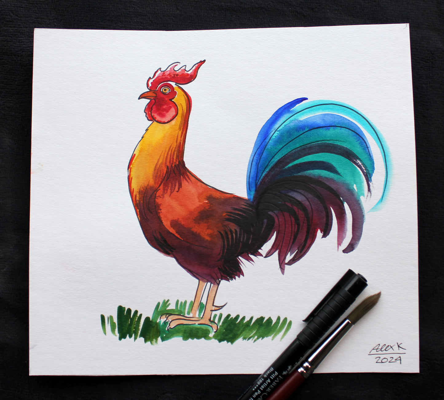 Watercolor rooster. Original art