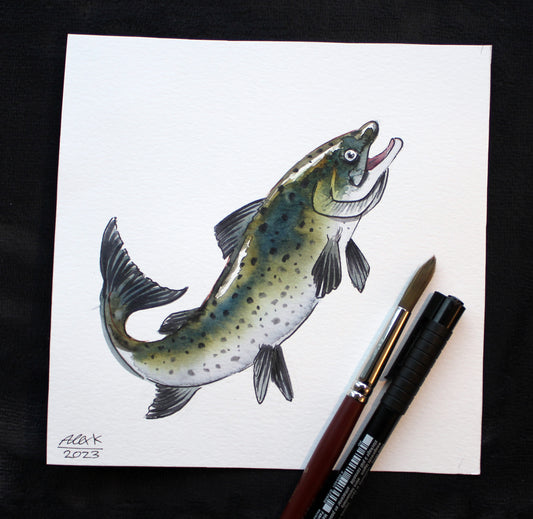 Watercolor salmon fish. Original art