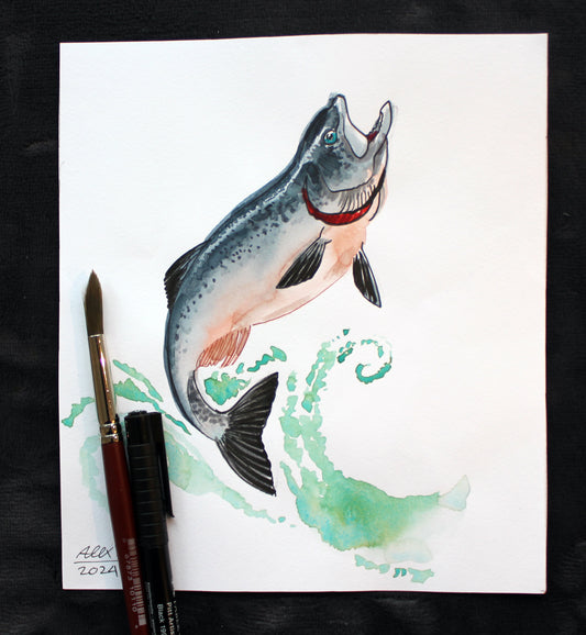 Watercolor salmon. Original art