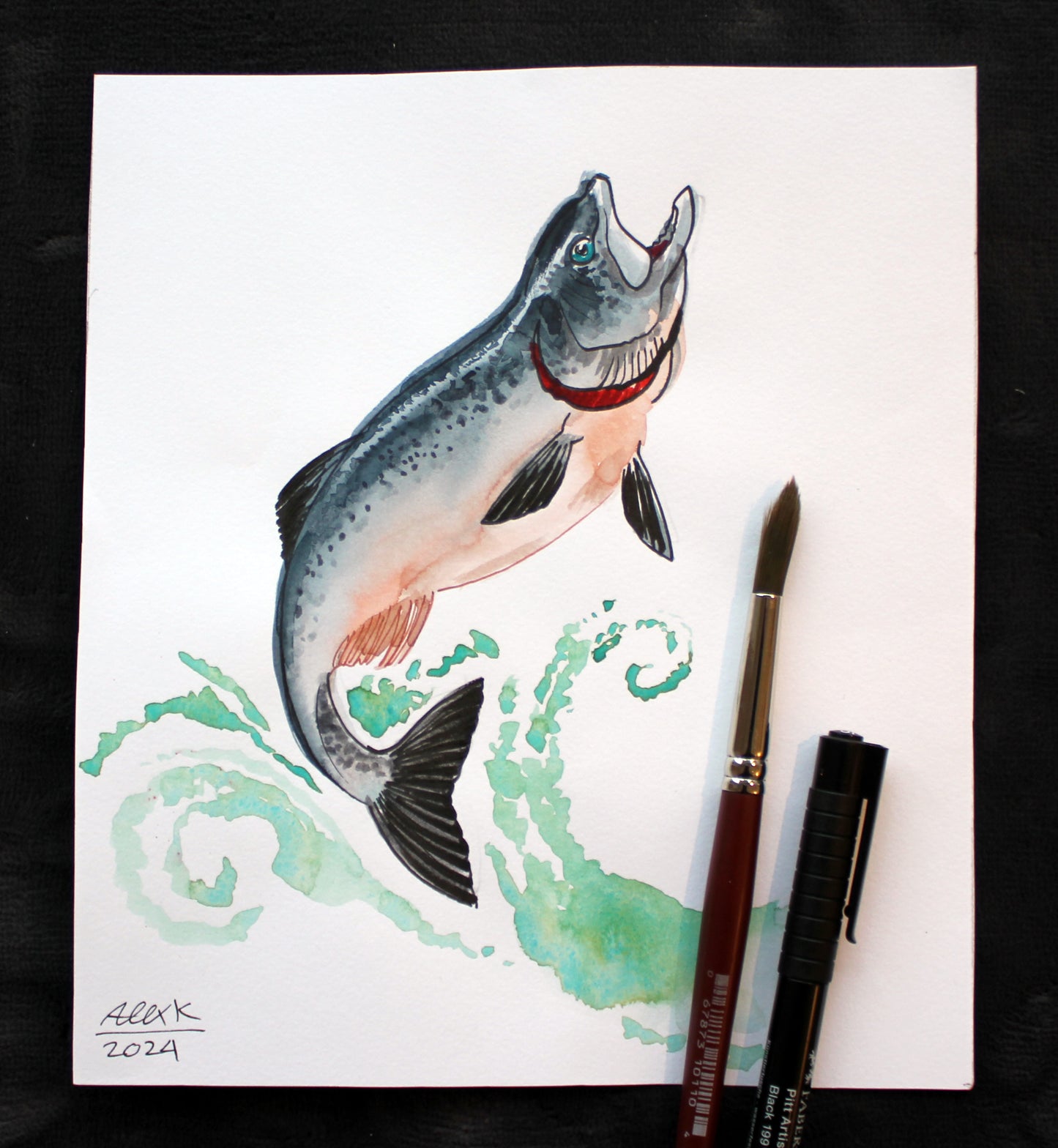 Watercolor salmon. Original art