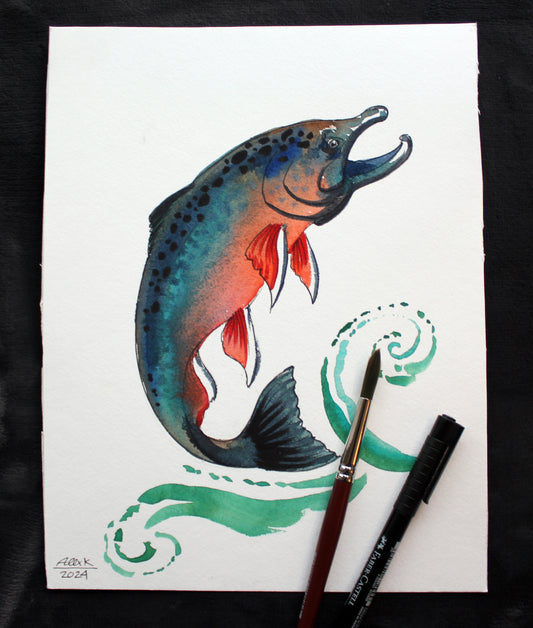 Watercolor salmon fish. Original art