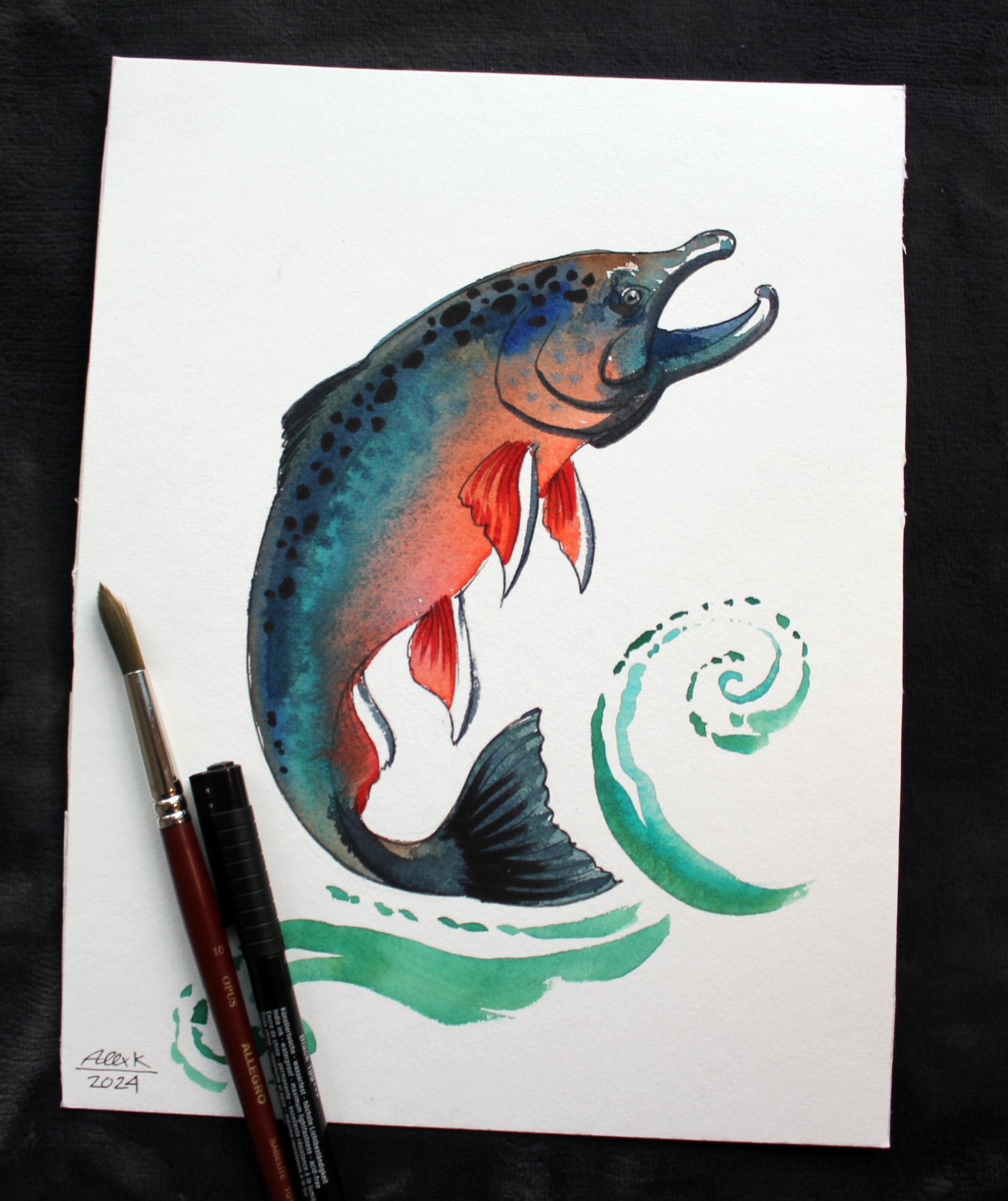 Watercolor salmon fish. Original art