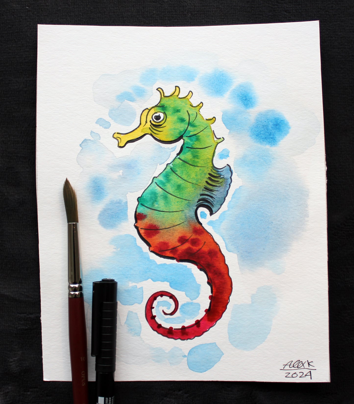 Watercolor seahorse. Original art